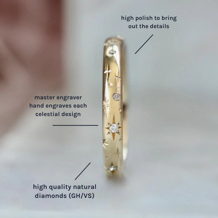 Star Engraved Diamond Gold Band