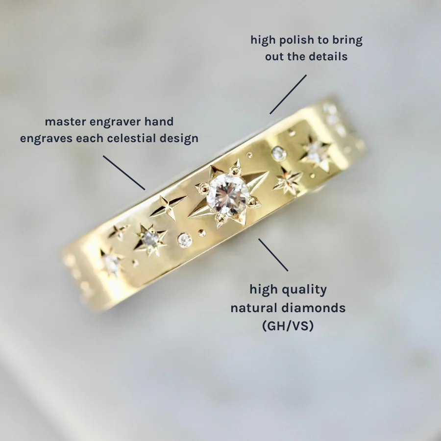 Star Engraved Diamond Gold Band