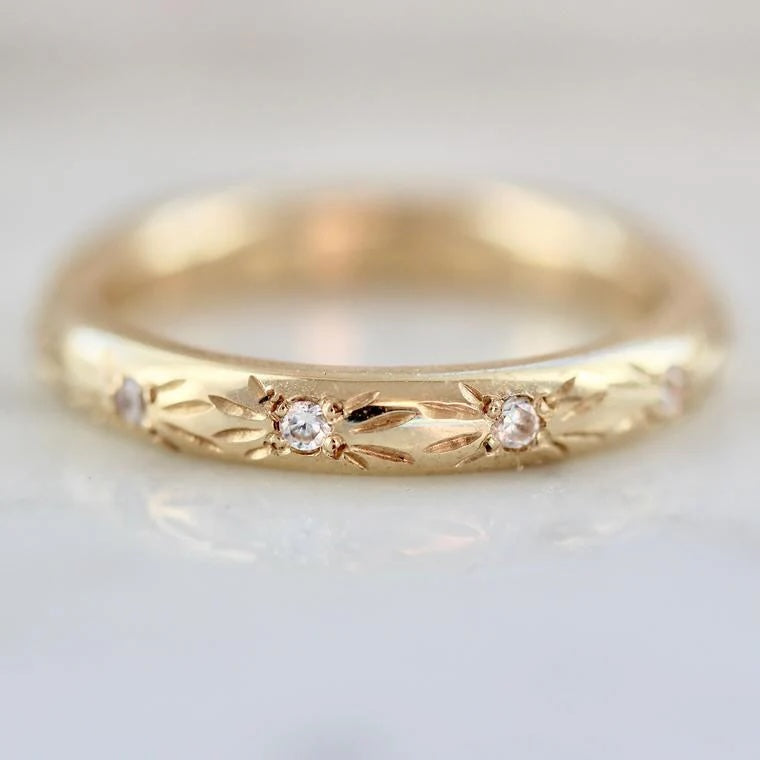 star and diamond hand engraved gold wedding band