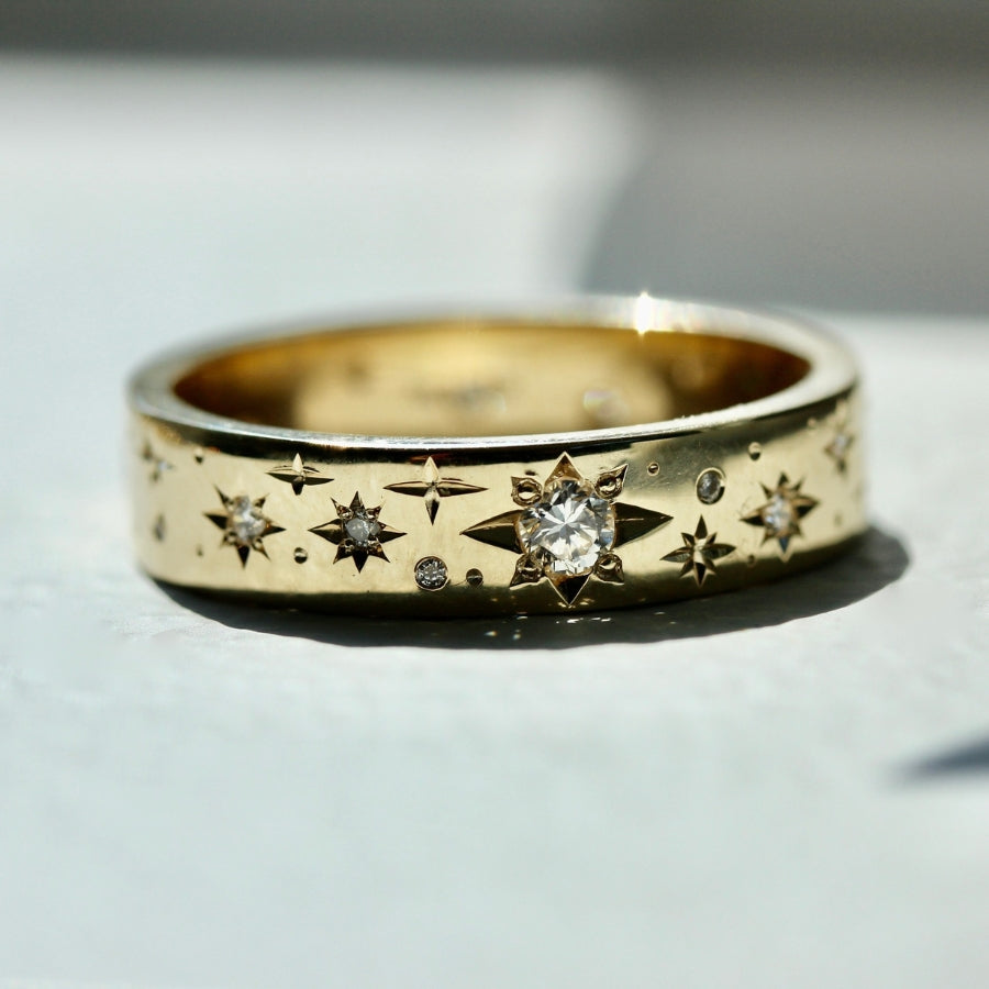 Super Moon Engraved Diamond Gold Band