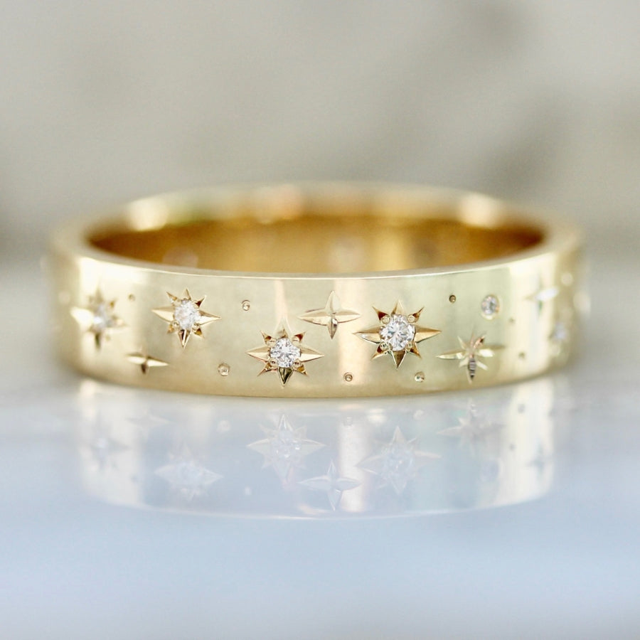 Super Moon Engraved Diamond Gold Band