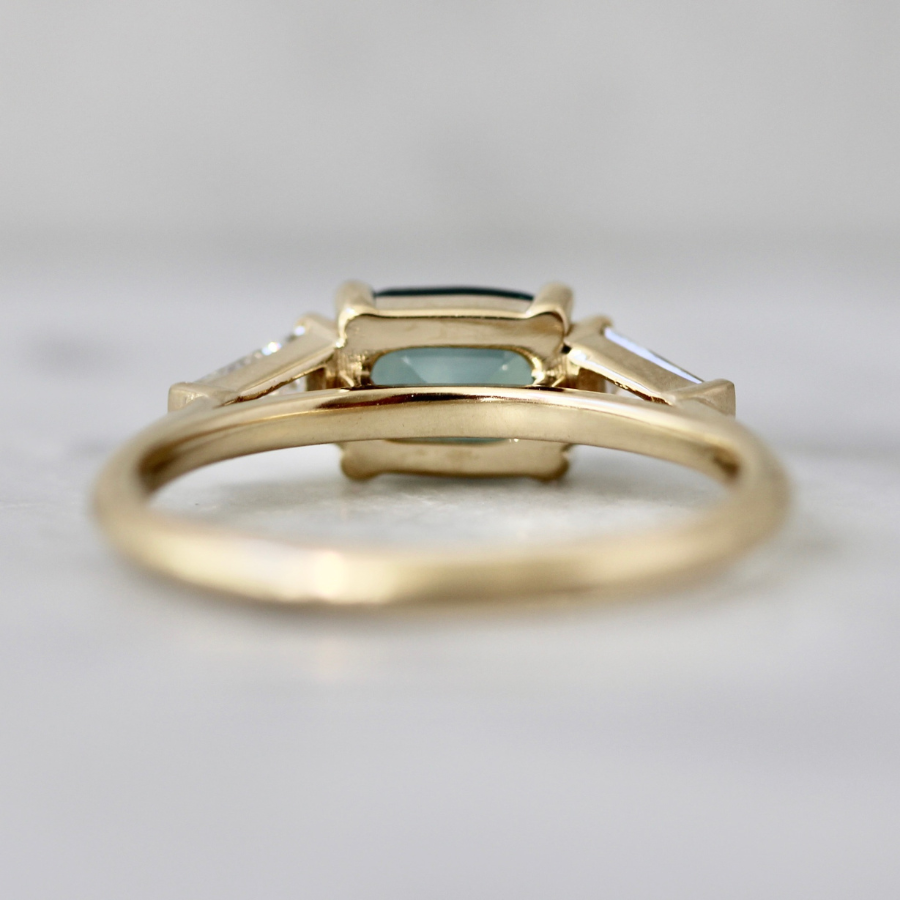 
            Blue-Green Cushion Cut Sapphire Ring