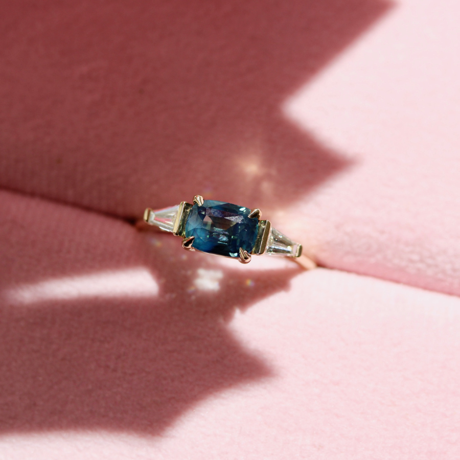 Blue-Green Cushion Cut Sapphire Ring