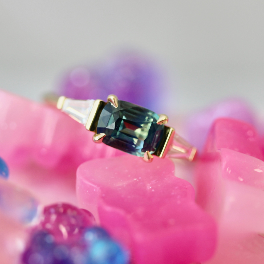 Blue-Green Cushion Cut Sapphire Ring