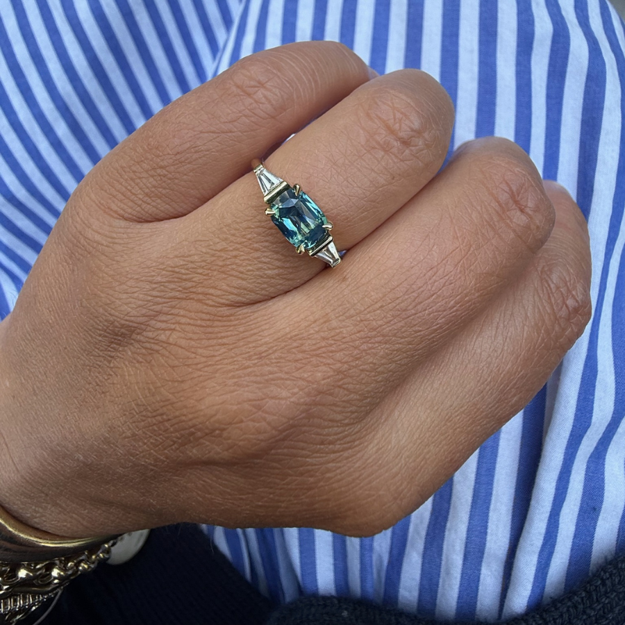 
            Blue-Green Cushion Cut Sapphire Ring