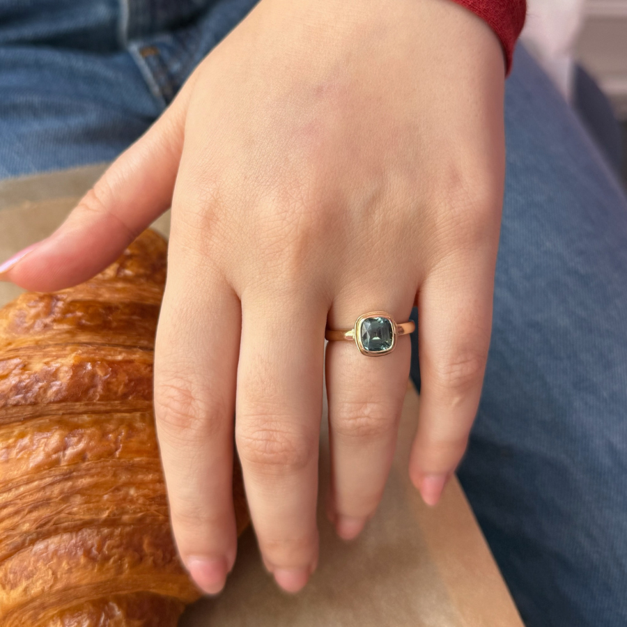Teal Cushion Cut Sapphire Ring