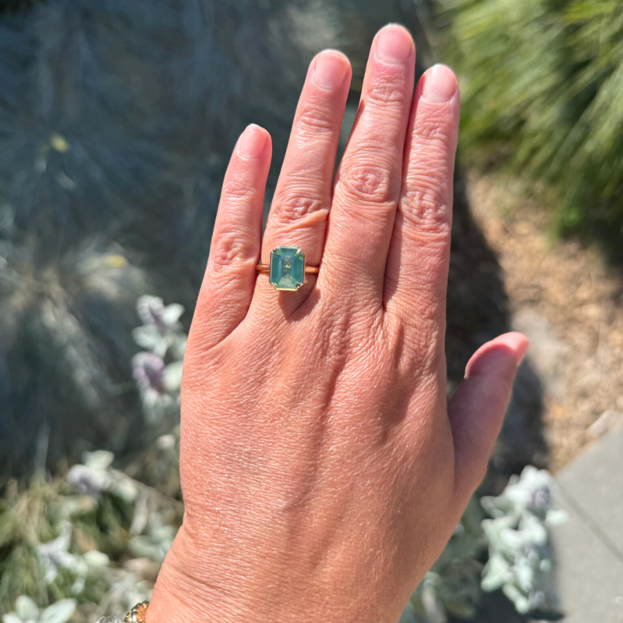Teal Emerald Cut Opalescent Zircon Ring