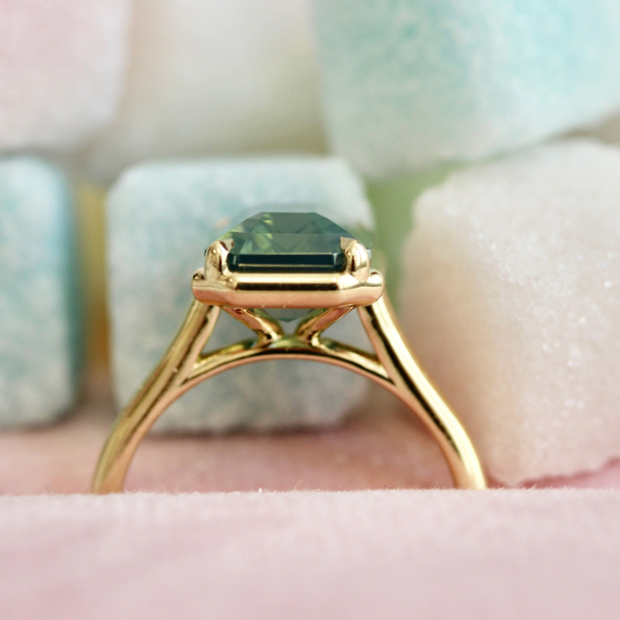 Teal Emerald Cut Opalescent Zircon Ring