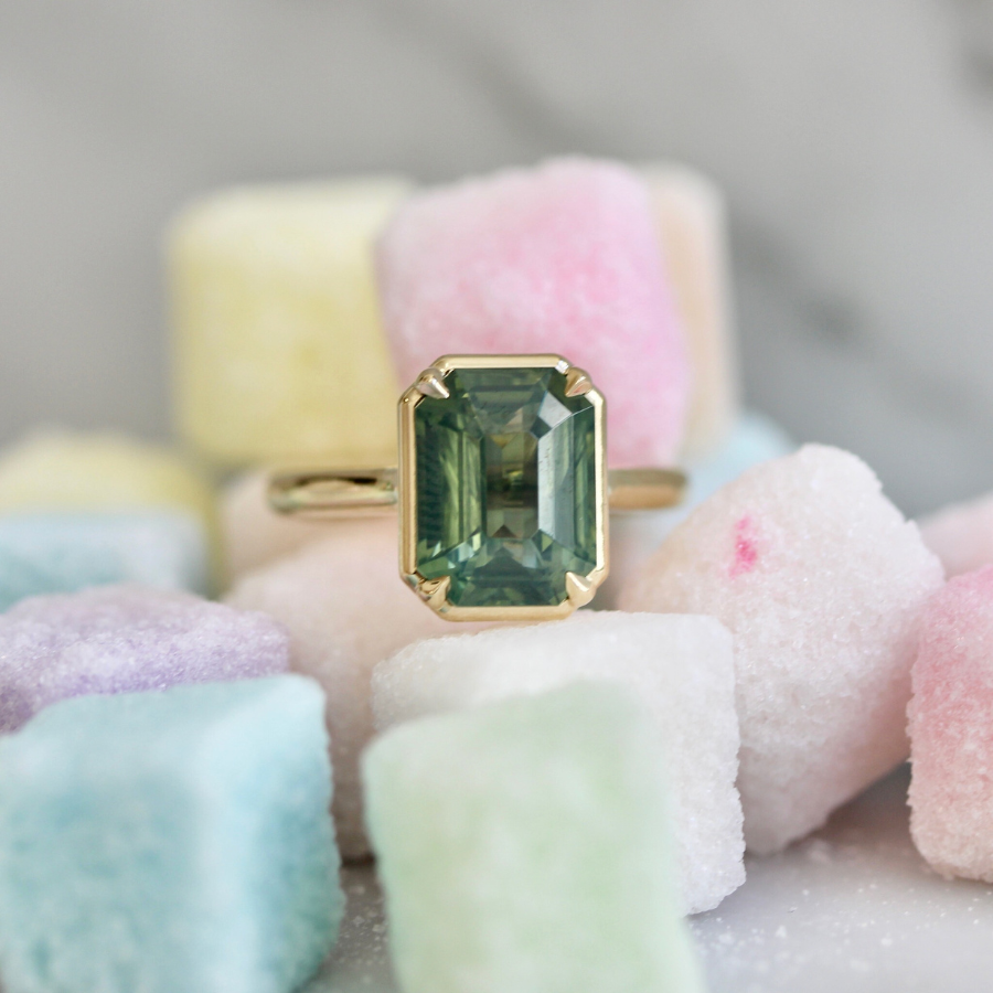 Teal Emerald Cut Opalescent Zircon Ring