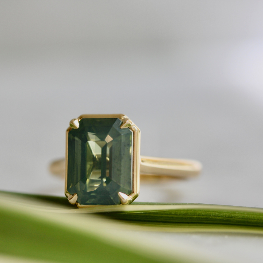 Teal Emerald Cut Opalescent Zircon Ring