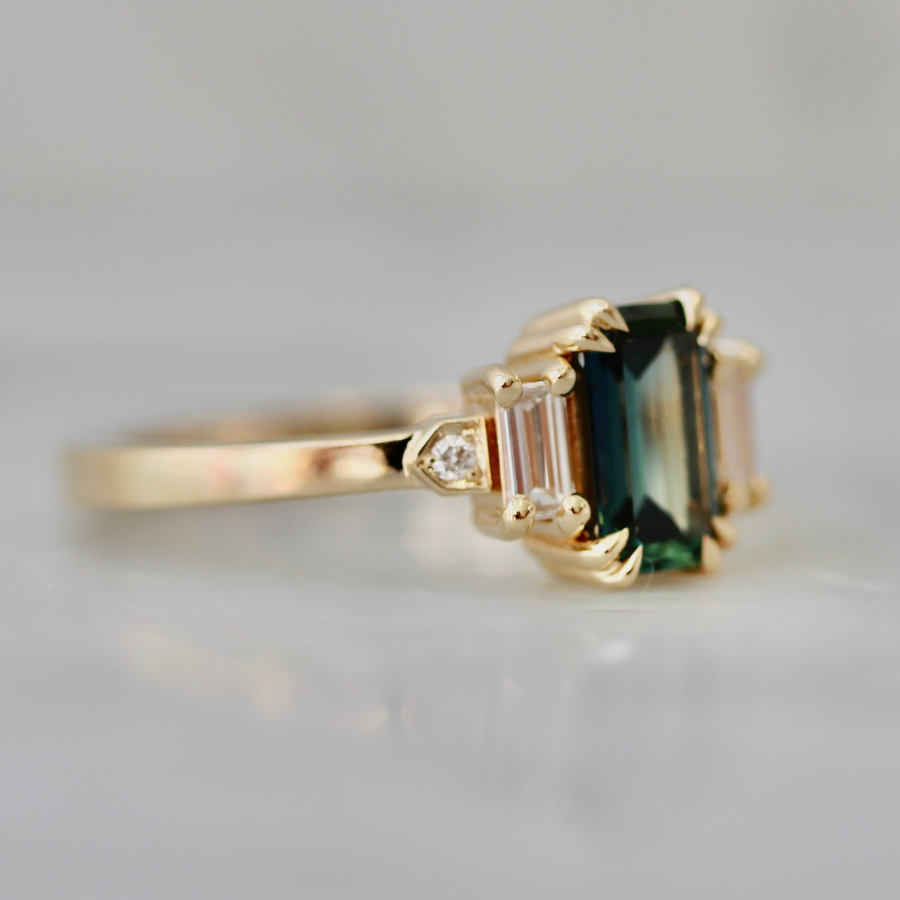Teal Emerald Cut Sapphire Ring