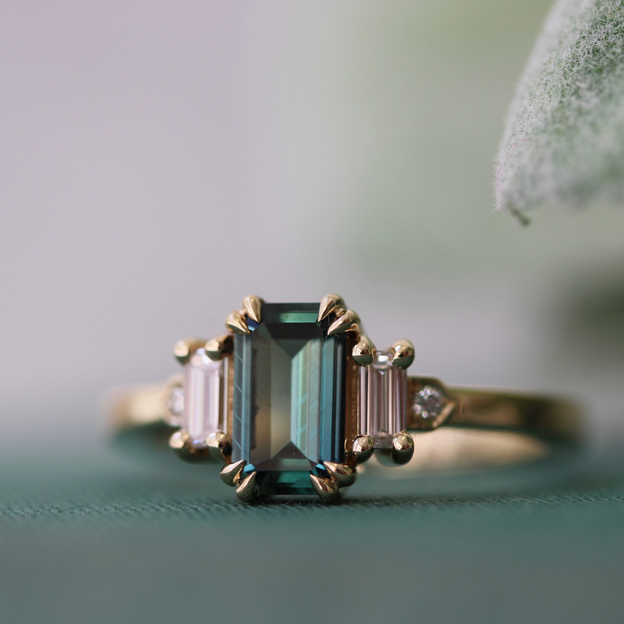 Teal Emerald Cut Sapphire Ring