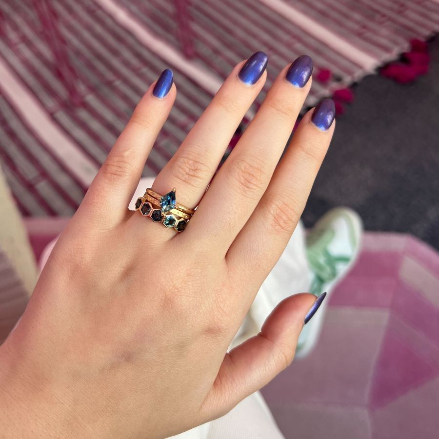 Teal Hexagon Cut Sapphire Ring