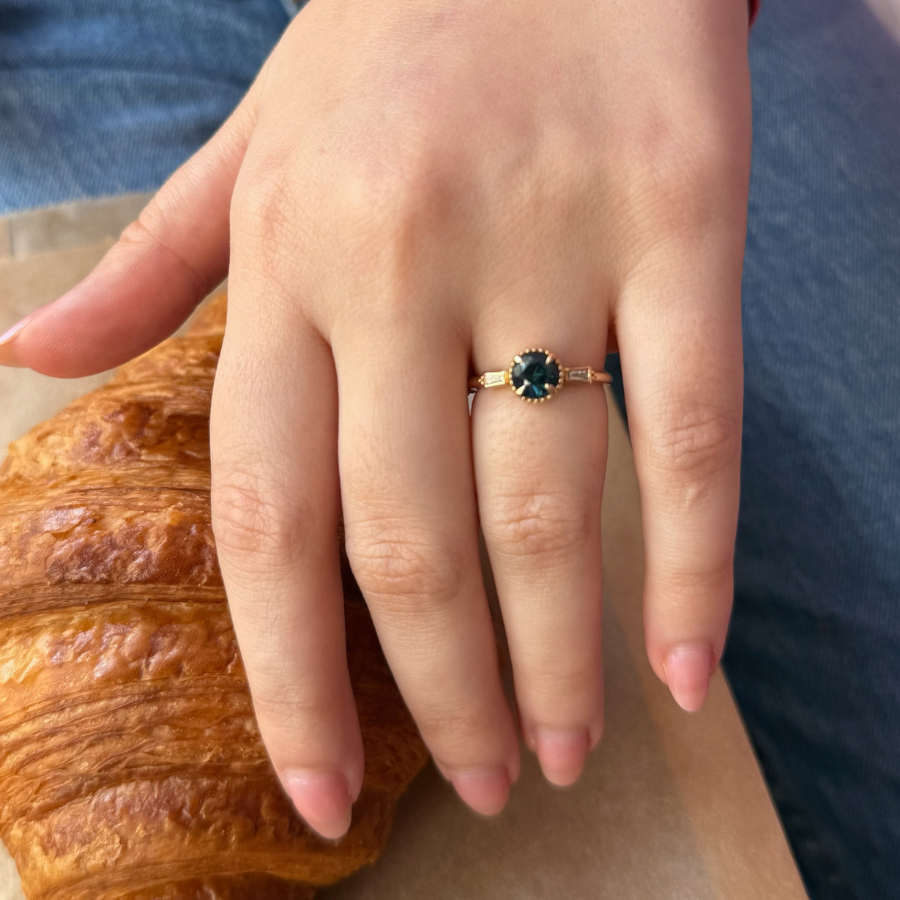 Teal Round Brilliant Cut Sapphire Ring