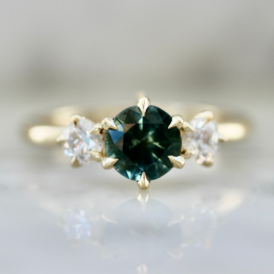 Green Sapphire Three Stone Diamond Engagement Ring
