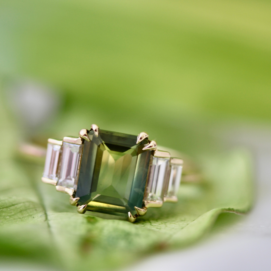 Tri-Color Emerald Cut Sapphire Ring