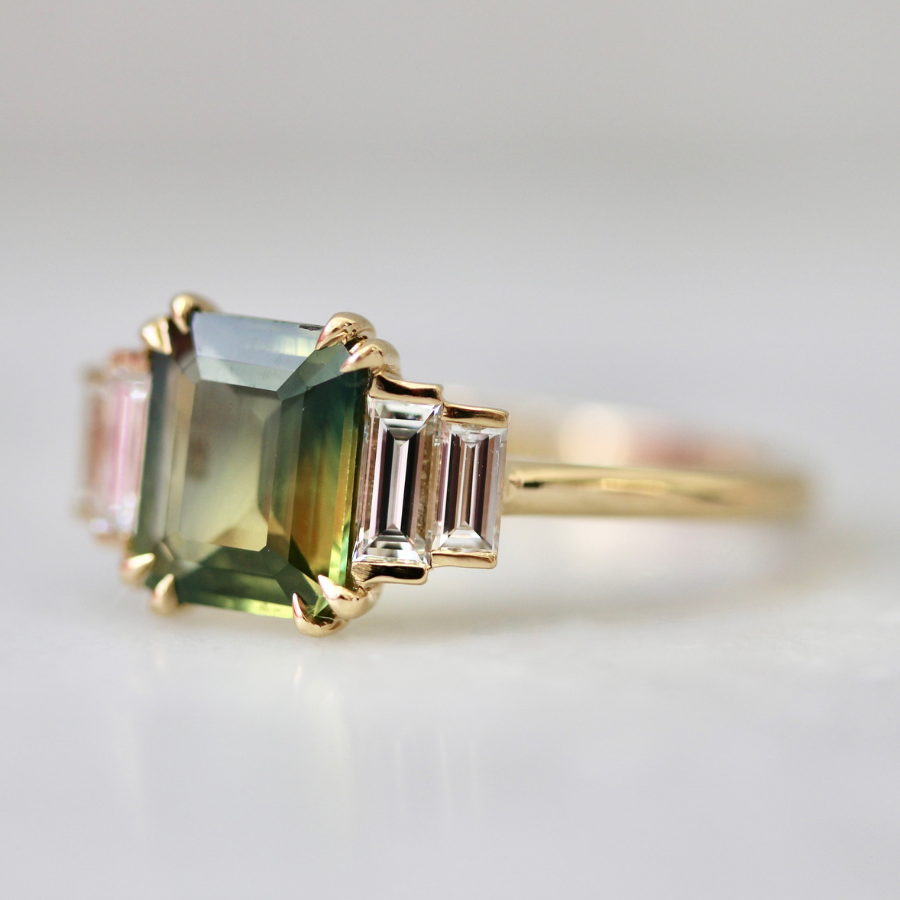 
            Tri-Color Emerald Cut Sapphire Ring
