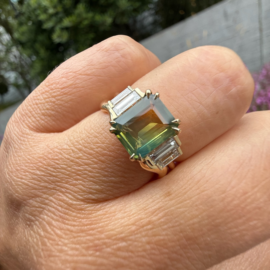 Tri-Color Emerald Cut Sapphire Ring