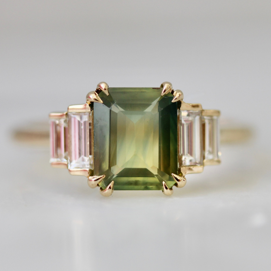
            Tri-Color Emerald Cut Sapphire Ring