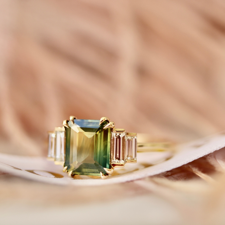 Tri-Color Emerald Cut Sapphire Ring