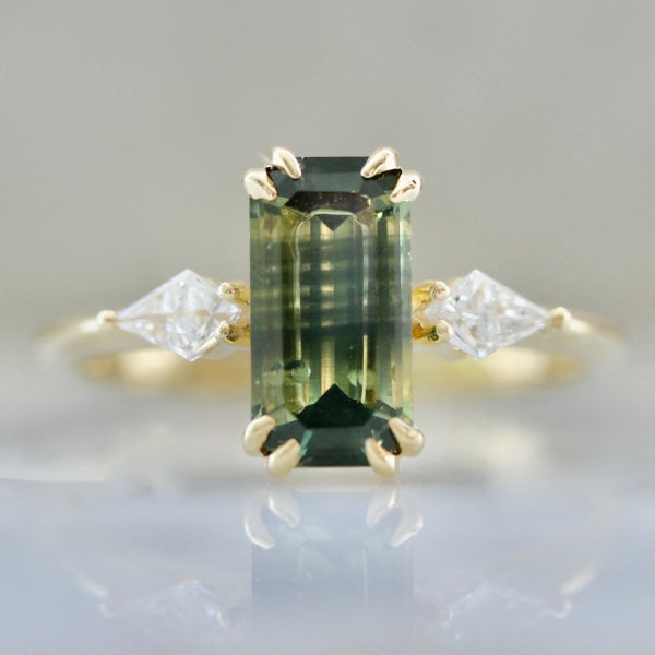 Water Lilly Green Emerald Cut Sapphire Ring