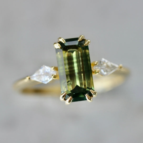 Water Lilly Green Emerald Cut Sapphire Ring