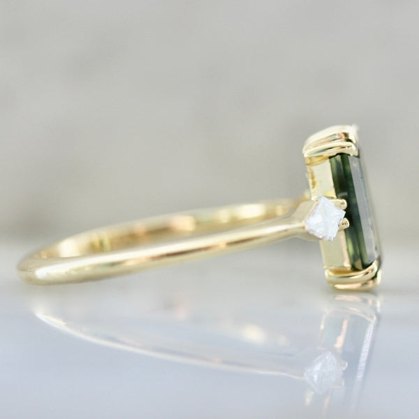 Water Lilly Green Emerald Cut Sapphire Ring