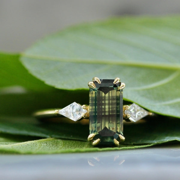 
            Water Lilly Green Emerald Cut Sapphire Ring