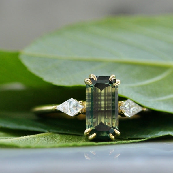 Water Lilly Green Emerald Cut Sapphire Ring