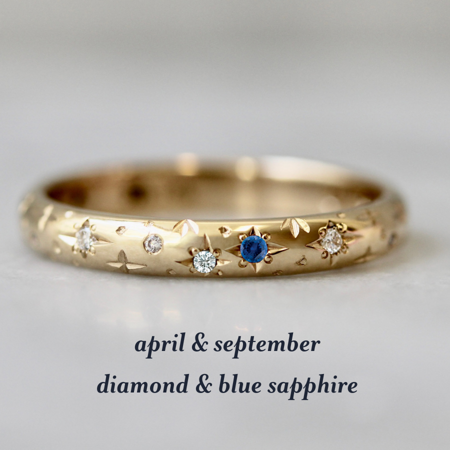 celeste birthstone band with diamond and blue sapphire