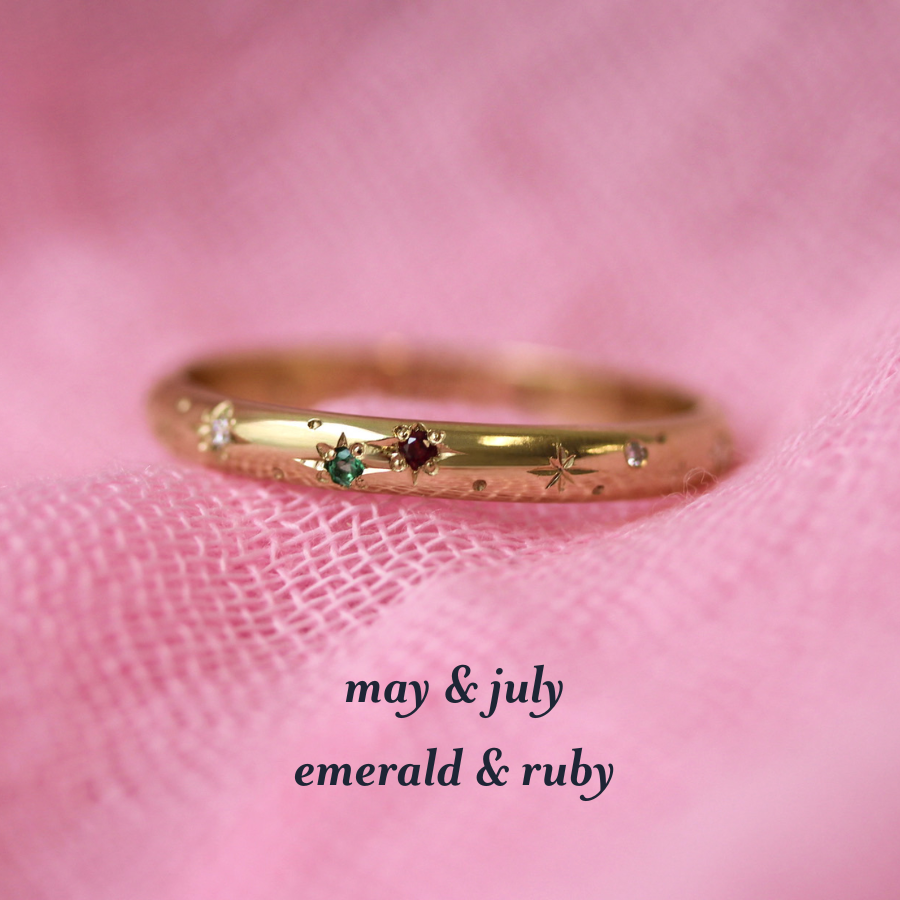 celeste birthstone band with emerald and ruby