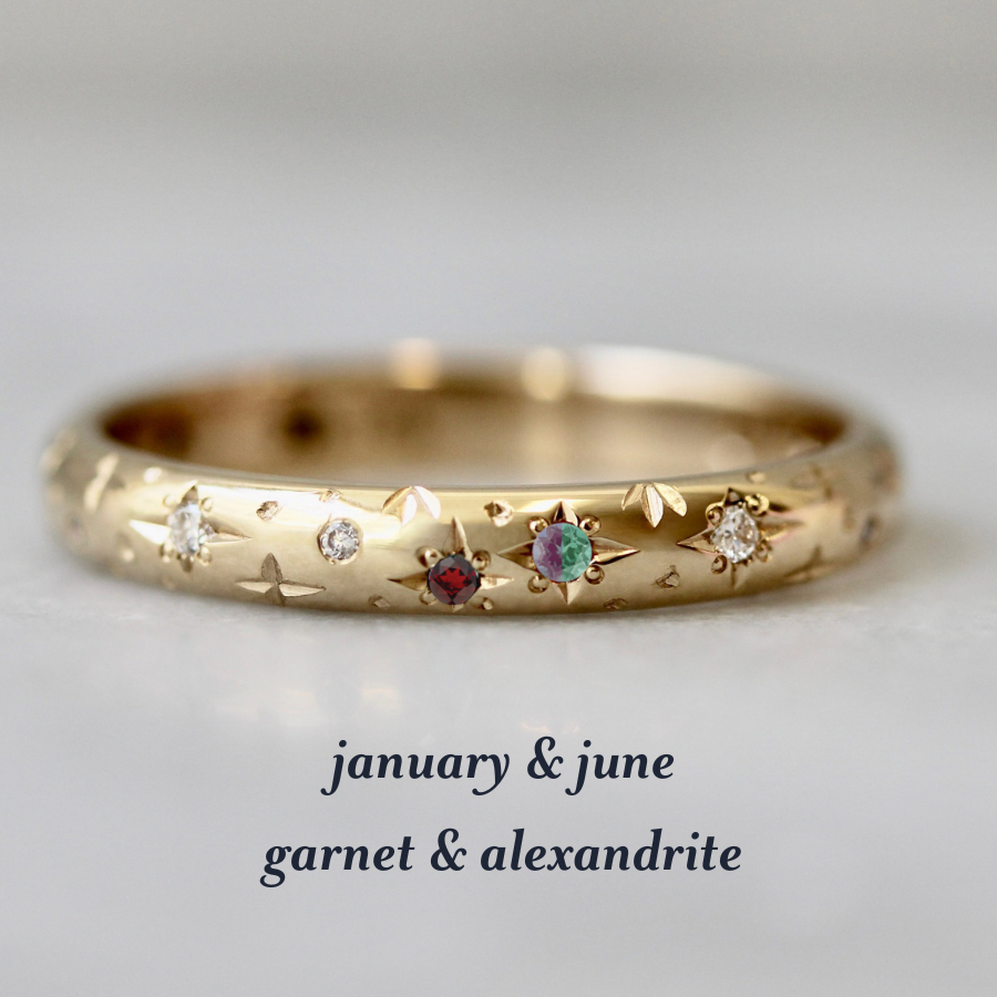 celeste birthstone band with garnet and alexandrite