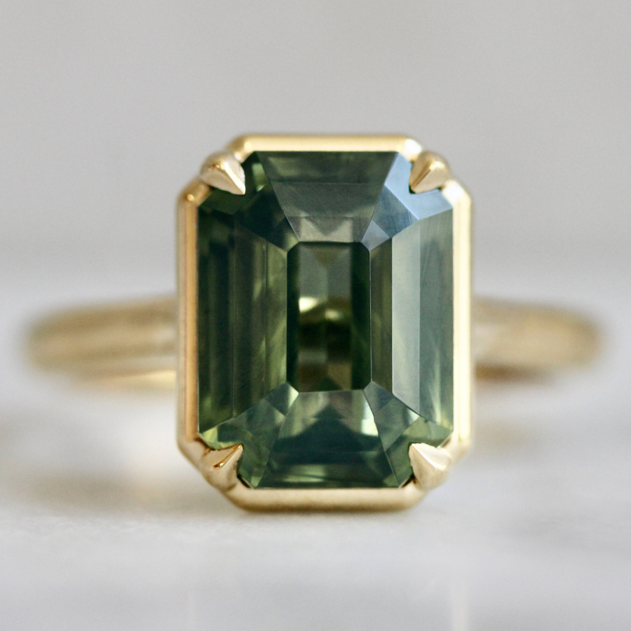 Teal Emerald Cut Opalescent Zircon Ring