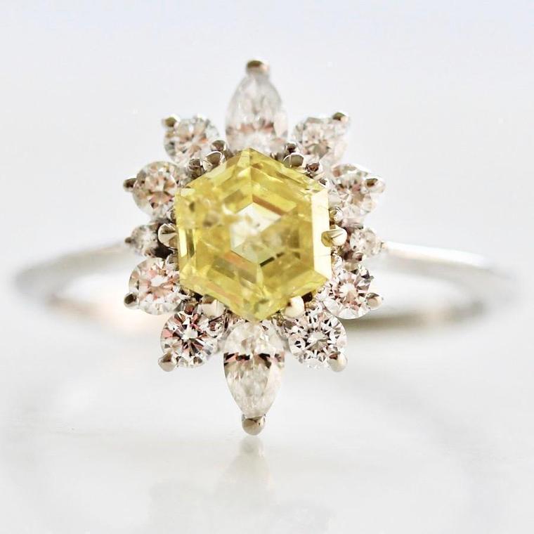 1199 Yellow Diamond Hexagon Cut with White Diamond Halo in 18k White Gold Setting Gem Breakfast