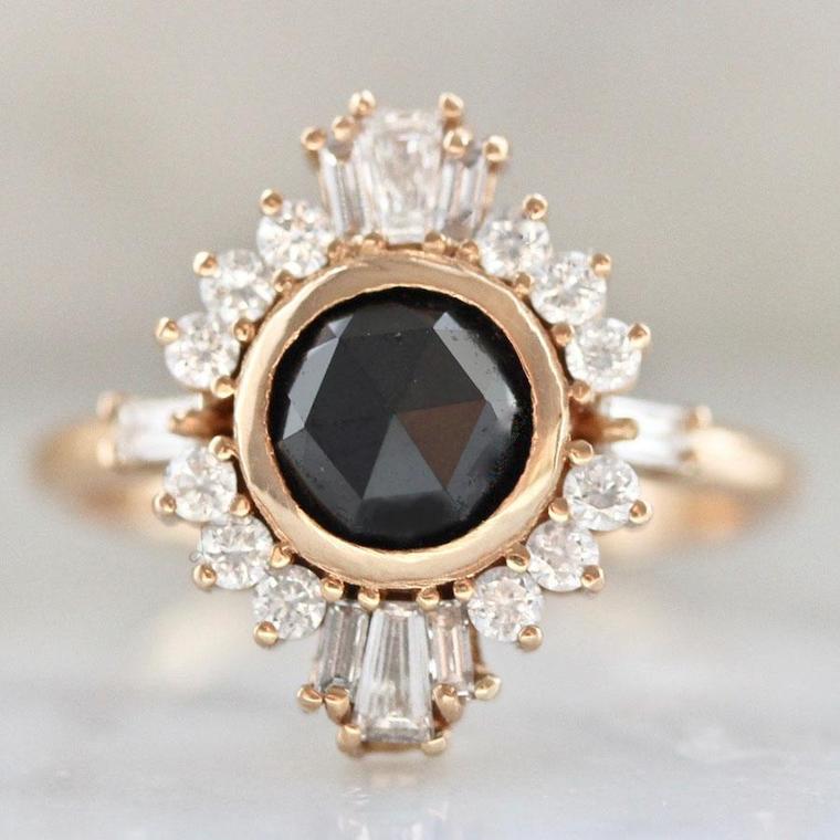 1374 Black Diamond with White Diamond Ballerina Halo in 18k Peach Gold Setting Gem Breakfast Custom
