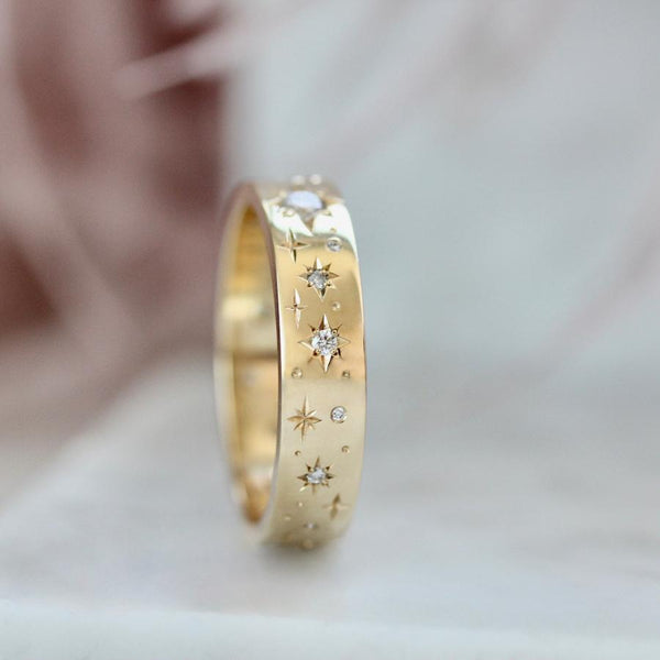 Super Moon Engraved Diamond Gold Band