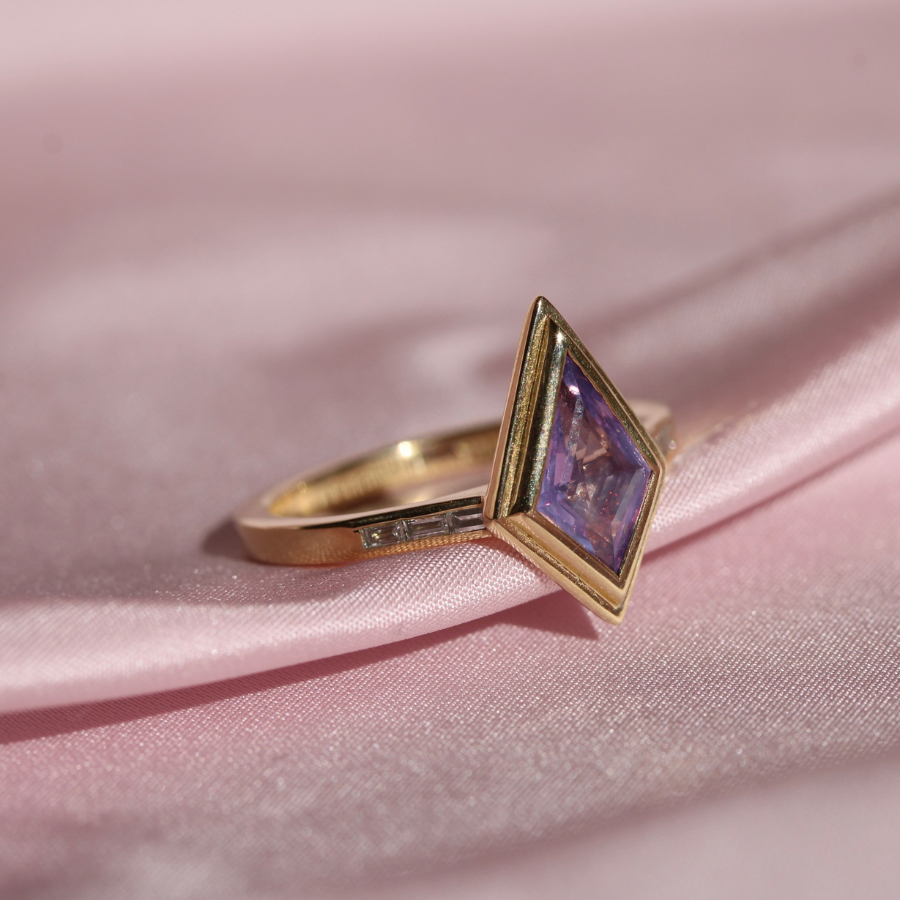 kite cut purple sapphire ring