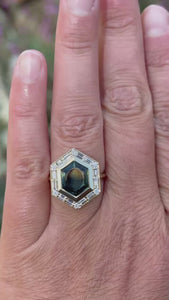 Green-Yellow Hexagon Cut Sapphire Ring
