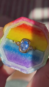 blue oval cut opalescent sapphire ring