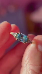 Blue-Green Cushion Cut Sapphire Ring