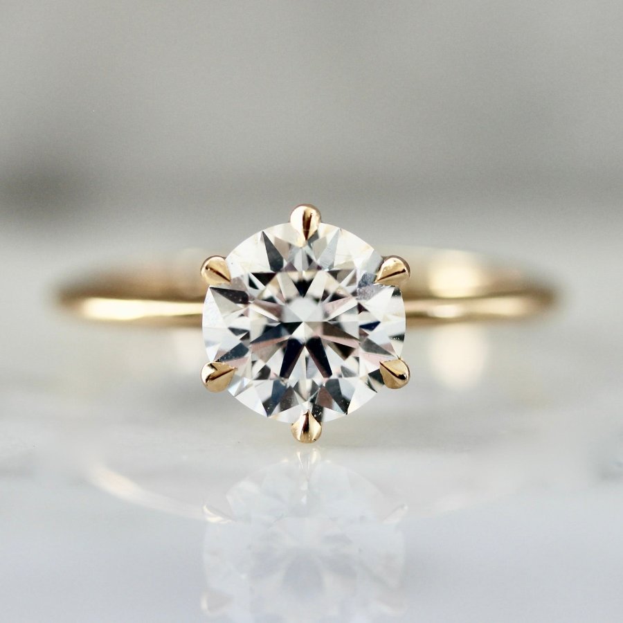Round brilliant diamond engagement ring in a 6-prong solitaire custom setting by Gem Breakfast