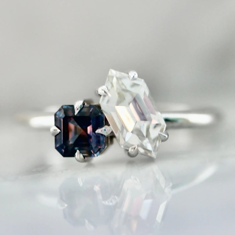Asymmetrical sapphire moi et toi engagement ring 