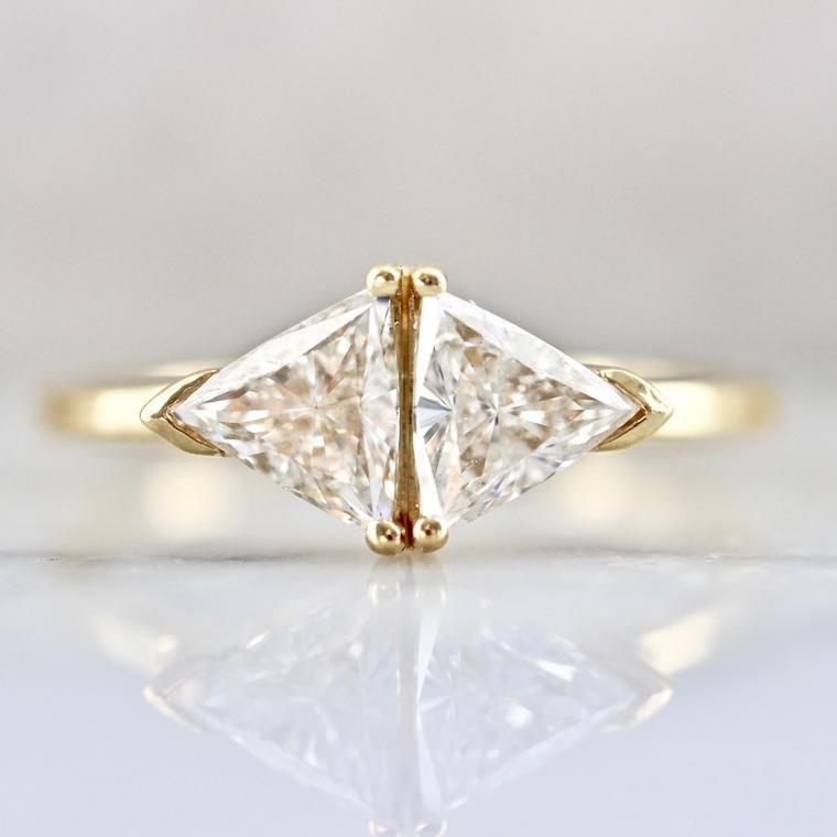 Back to Back Trillion Cut Diamond Ring in 18k Yellow Gold - Gem Breakfast Custom 1404