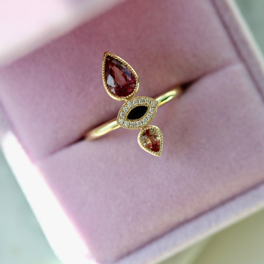 
            Foxglove Pink Sapphire and Diamond Enamel Ring in Yellow Gold