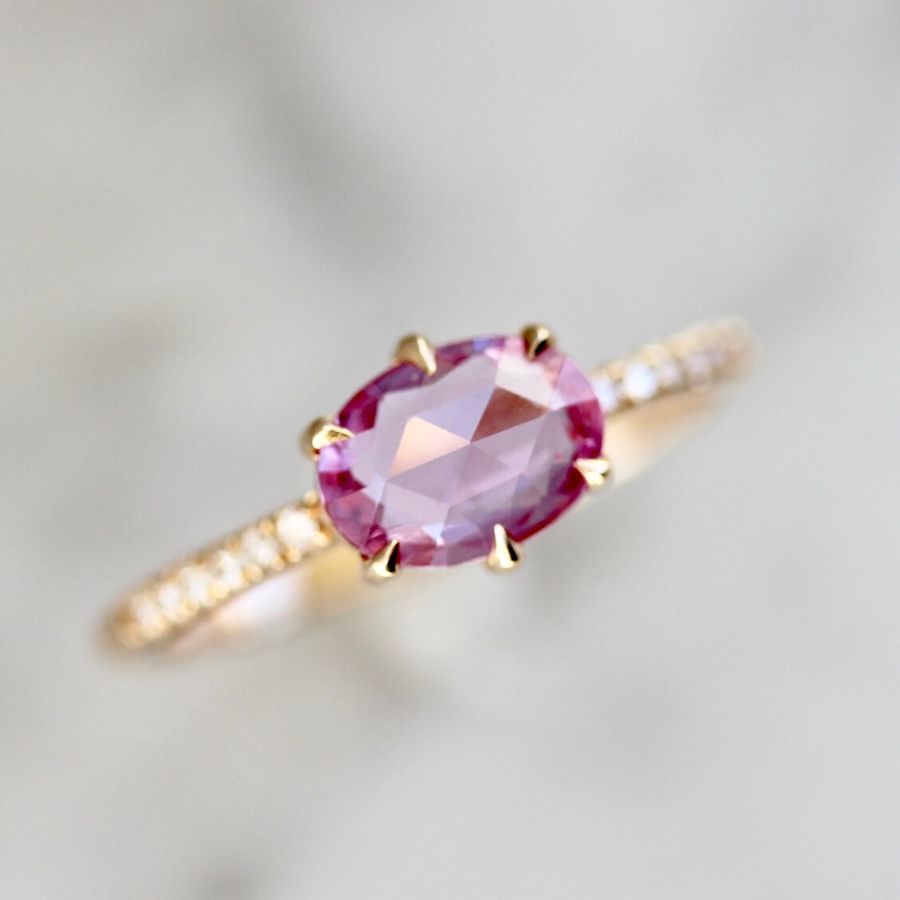 Duchess Hot Pink Oval Rose Cut Sapphire Ring in Peach Gold