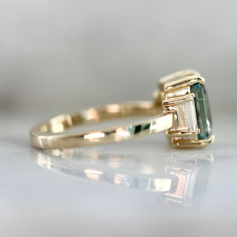 High Noon Green Color Change Emerald Cut Sapphire Ring
