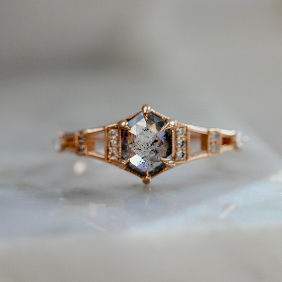 Calais Salt and Pepper Hexagon Rose Cut Diamond Ring