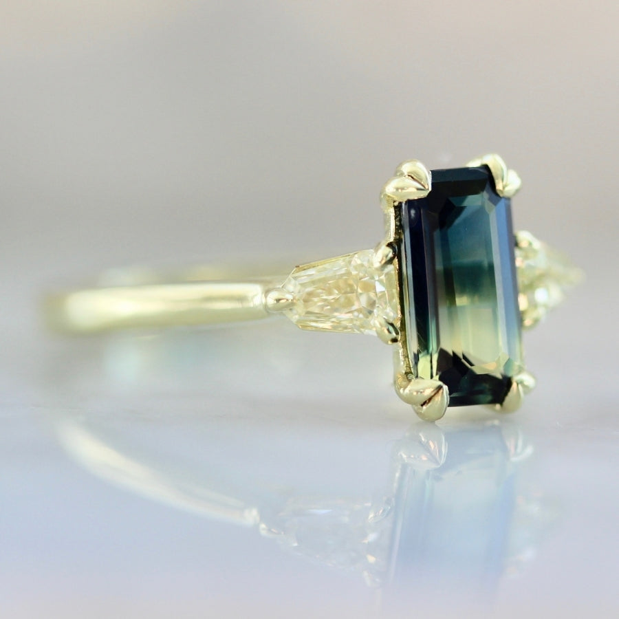 Golden Slipper Bi-Color Green Emerald Cut Sapphire Ring