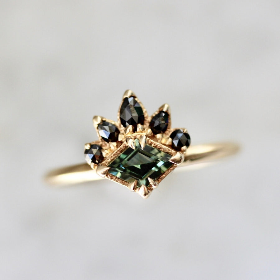 Vaughn Teal Lozenge Cut Sapphire Ring in Yellow Gold