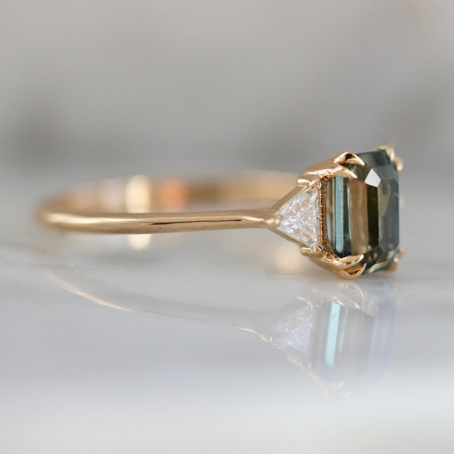 Pavlova Dark Teal Emerald Cut Sapphire & Diamond Ring